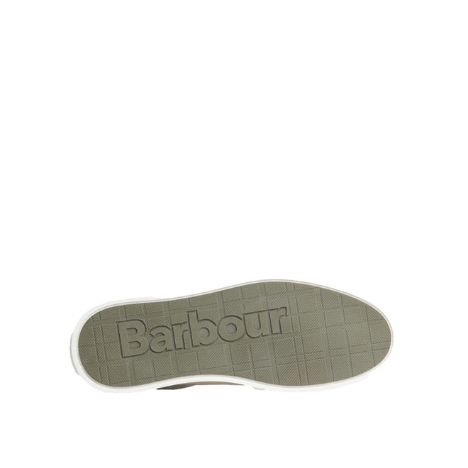 The image displays the sole of the Barbour Mens Stannington White Navy Trench Leather Trainer, featuring a textured pattern, "Barbour" embossed in large letters, and an olive green sole with a white edge for stylish contrast., 5063669168325, 5063669168332, 5063669168271, 51896