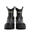 A pair of Barbour Elley Harness Black Wellington Womens Rainboots with thick soles, decorative straps, and Barbour logos on the front, shown facing forward against a white background., 5020985983018, 5020985983575, 5020985984107, 5020985984558, 5020985984947, 5020985985340