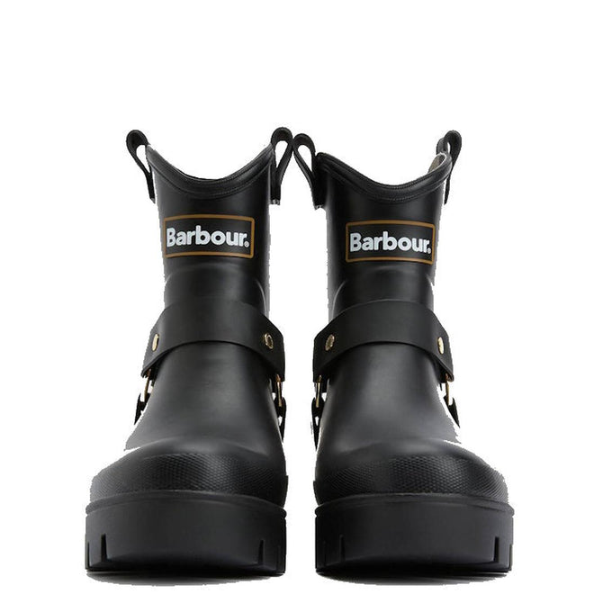 A pair of Barbour Elley Harness Black Wellington Womens Rainboots with thick soles, decorative straps, and Barbour logos on the front, shown facing forward against a white background., 5020985983018, 5020985983575, 5020985984107, 5020985984558, 5020985984947, 5020985985340