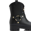 The Barbour Elley Harness Black Wellington Women's Rainboot is a black rubber ankle boot with a thick treaded sole, decorative strap, gold ring and studs—stylish, rain-ready footwear inspired by classic harness Wellington boots., 5020985983018, 5020985983575, 5020985984107, 5020985984558, 5020985984947, 5020985985340