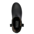 Top view of the Barbour Elley Harness Black Wellington Womens Rainboot in black rubber with a plaid lining, visible Barbour logo on the insole, and two pull tabs at the boot’s opening., 5020985983018, 5020985983575, 5020985984107, 5020985984558, 5020985984947, 5020985985340