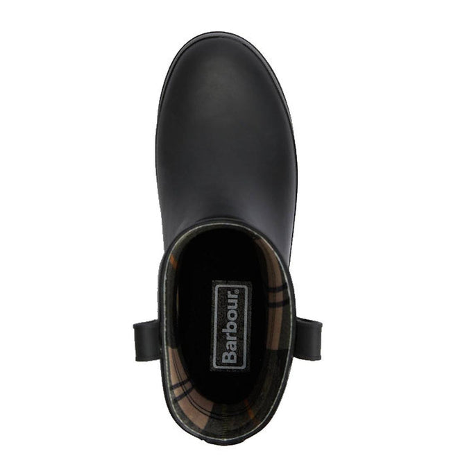 Top view of the Barbour Elley Harness Black Wellington Womens Rainboot in black rubber with a plaid lining, visible Barbour logo on the insole, and two pull tabs at the boot’s opening., 5020985983018, 5020985983575, 5020985984107, 5020985984558, 5020985984947, 5020985985340