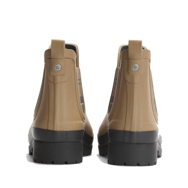 Barbour Mallow Beige Dress Tartan Chelsea Womens Wellington Rainboots with black chunky soles, pull tabs, and silver stud detail at the heel are pictured from the back on a white background for a stylish, weatherproof look., 5063669170830, 5063669170847, 5063669170854, 5063669170861, 5063669170878, 51814, 52333, 5063669170830, 5063669170847, 5063669170854, 5063669170861, 5063669170878, 51814
