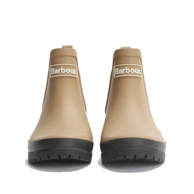 The Barbour Mallow Beige Dress Tartan Chelsea Women's Wellington Rainboots feature black weatherproof soles and a white Barbour logo on the front. Photographed on a white background, the boots are facing forward., 5063669170830, 5063669170847, 5063669170854, 5063669170861, 5063669170878, 51814, 52333, 5063669170830, 5063669170847, 5063669170854, 5063669170861, 5063669170878, 51814