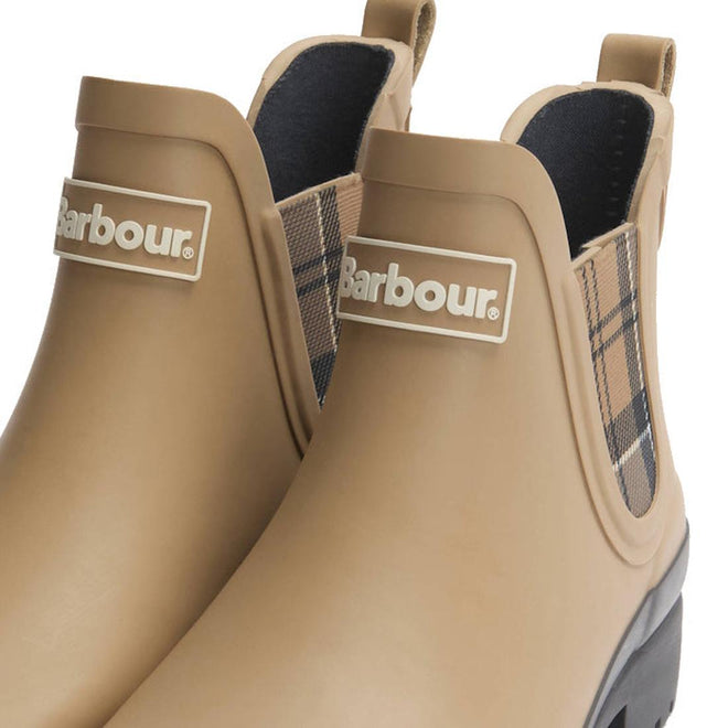 Close-up of Barbour Mallow Beige Dress Tartan Chelsea Womens Wellington Rainboots with weatherproof protection, plaid elastic side panels, back pull tabs, and Barbour logo on the front., 5063669170830, 5063669170847, 5063669170854, 5063669170861, 5063669170878, 51814, 52333, 5063669170830, 5063669170847, 5063669170854, 5063669170861, 5063669170878, 51814