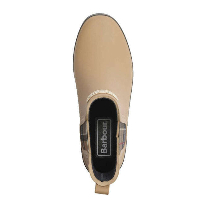Top view of the Barbour Mallow Beige Dress Tartan Chelsea Women's Wellington Rainboots featuring a pull tab, plaid side accents, and the Barbour logo on the black insole—ideal for weatherproof style., 5063669170830, 5063669170847, 5063669170854, 5063669170861, 5063669170878, 51814, 52333, 5063669170830, 5063669170847, 5063669170854, 5063669170861, 5063669170878, 51814