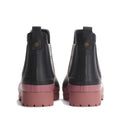 The Barbour Mallow Navy Cherry Blossom Chelsea Womens Wellington Rainboots feature black ankle-high uppers, pink chunky soles, and heel pull tabs—combining style and weatherproof function for any adventure., 5063669170908, 5063669170915, 5063669170922, 5063669170939, 5063669170946, 5063669170953