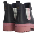 A close-up of the Barbour Mallow Navy Cherry Blossom Chelsea Women's Wellington Rainboots shows black uppers, pink soles, and plaid panels in white, pink, and green—ideal weatherproof boots for rainy days., 5063669170908, 5063669170915, 5063669170922, 5063669170939, 5063669170946, 5063669170953