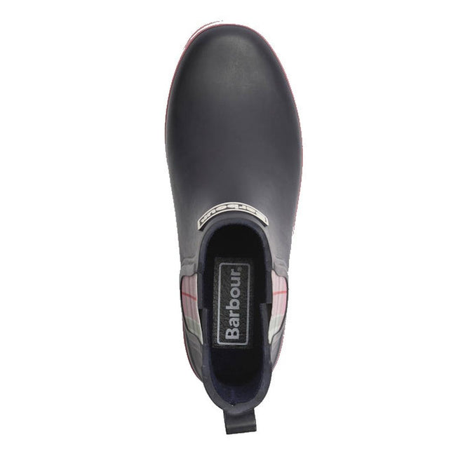 Top view of a Barbour Mallow Navy Cherry Blossom Chelsea women's Wellington rain boot featuring plaid side panels, a back pull tab, visible Barbour insole logo, and a weatherproof design that blends style with practicality., 5063669170908, 5063669170915, 5063669170922, 5063669170939, 5063669170946, 5063669170953