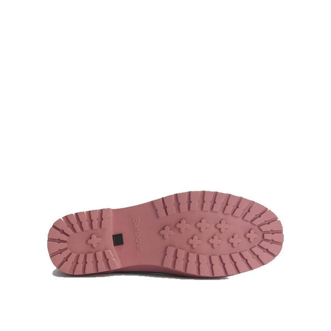 The image shows the pink rubber sole of the Barbour Mallow Navy Cherry Blossom Chelsea Womens Wellington Rainboots from underneath, featuring rectangular and cross-shaped tread patterns for traction., 5063669170908, 5063669170915, 5063669170922, 5063669170939, 5063669170946, 5063669170953