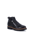 The Bay Lane Clara Black Women's Leather Low Cut Zip Ankle Boot features a comfort footbed, brown sole, side zipper, and pull tab at the back, shown on a plain white background.