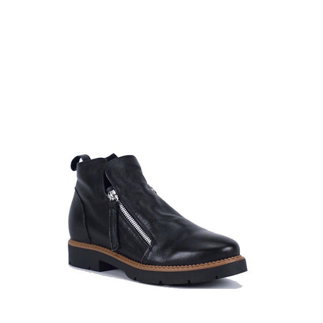 The Bay Lane Clara Black Women's Leather Low Cut Zip Ankle Boot features a comfort footbed, brown sole, side zipper, and pull tab at the back, shown on a plain white background.