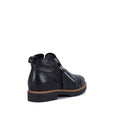 The Bay Lane Clara Black Women's Leather Low Cut Zip Ankle Boot features a comfort footbed, brown sole, side zipper, and heel pull tab. It's displayed at a slight angle on a white background., 51272, 9357649075694, 9357649075700, 9357649075717, 9357649075724, 9357649075731, 51278