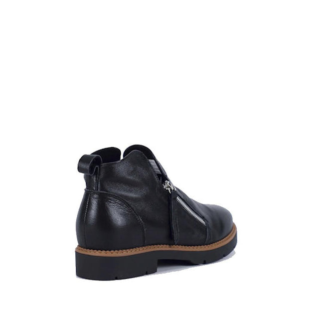 The Bay Lane Clara Black Women's Leather Low Cut Zip Ankle Boot features a comfort footbed, brown sole, side zipper, and heel pull tab. It's displayed at a slight angle on a white background., 51272, 9357649075694, 9357649075700, 9357649075717, 9357649075724, 9357649075731, 51278