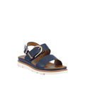 The Soultbush Garie Navy Blue Women’s Sandal with Back Strap features two wide straps, a gold buckle, a cushioned footbed, and a white sole with stitching detail, displayed against a white background.
