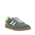 The Bay Lane Sunny Green Suede Retro Lace Up Multi Fit Trainer features green suede, white side stripes, light pink laces, a tan heel accent, and a brown rubber sole for comfort and timeless style.