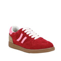 The Bay Lane Sunny Red Suede Retro Lace Up Multi Fit Trainer features red suede, pink stripes, a tan heel, white laces, and a brown rubber sole for extra comfort—all shown on a white background.
