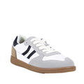The Bay Lane Sunny White Suede Retro Lace Up Multi Fit Trainer features a white upper, grey suede accents, black side stripes, beige heel, and brown rubber sole. Orthotic-friendly, this casual sneaker offers retro style with angled design.