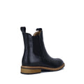 The Bay Lane West Black Leather Womens Chelsea Boot is shown from a rear side angle, featuring a comfort footbed, brown sole, and black elastic side panel on a white background., 9357649081893, 9357649081909, 9357649081916, 9357649081923, 9357649081930, 9357649081947