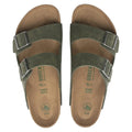Pair of green vegan Birkenstock sandals shown top down with the 2 strap and pewter looking buckles on a white background., 4061418353306,
4061418353344,
4061418353382,
4061418353429,
