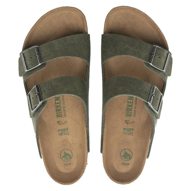 Pair of green vegan Birkenstock sandals shown top down with the 2 strap and pewter looking buckles on a white background., 4061418353306,
4061418353344,
4061418353382,
4061418353429,