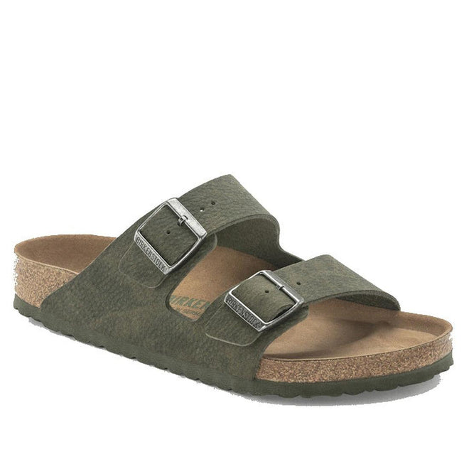 side and front viewof the right foot  of a desert dust thyme Green sandal with cork sole on a white background., 4061418353306,
4061418353344,
4061418353382,
4061418353429,