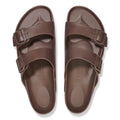 A pair of BIRKENSTOCK Arizona EVA Brown Roast sandals (REGULAR width) with two adjustable buckle straps, contoured footbeds, slip-on design, and waterproof EVA material, viewed from above., 4066648335047, 4066648335085, 4066648338321, 4066648338369, 4066648338406, 50615