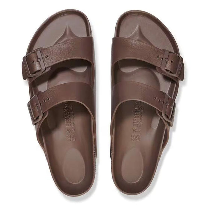 A pair of BIRKENSTOCK Arizona EVA Brown Roast sandals (REGULAR width) with two adjustable buckle straps, contoured footbeds, slip-on design, and waterproof EVA material, viewed from above., 4066648335047, 4066648335085, 4066648338321, 4066648338369, 4066648338406, 50615