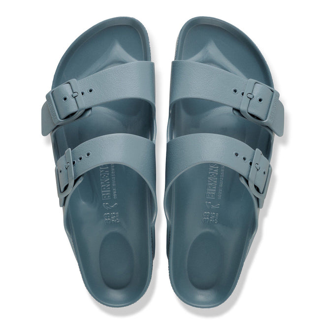 A pair of BIRKENSTOCK Arizona EVA sandals in Basalt Grey (Regular Width) with two adjustable buckle straps, seen from above and placed side by side. These waterproof sandals offer comfort and style for everyday wear., 52015, 4067707645022, 4067707645060, 4067707645107, 4067707645145, 52020