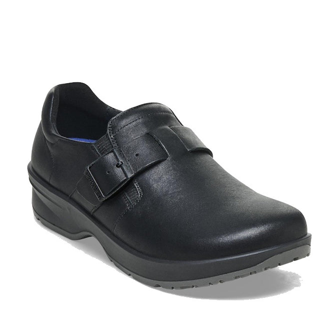 The BIRKENSTOCK Caris Pro Slip Resistant Black Leather Shoe features a wide strap with a rectangular buckle, low heel, and textured rubber sole, offering reliable comfort for formal or professional work settings as occupational footwear.