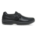 The BIRKENSTOCK Caris Pro Slip Resistant Black Leather Shoe features a rounded toe, wide hook-and-loop strap, and thick textured sole. Comfortable and supportive, this slip-on is perfect occupational footwear for everyday wear.