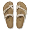 A top down view of Birkenstock mayari sandals slides showing the beige upper ona insole of teh sandal.,
4067707169030,
4067707169078,
4067707169115,
4067707169153,