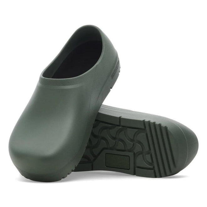 Pair of green EVA Chefs Birkenstocks in Thyme Moss Green clogs with a sightly higher back on a white background