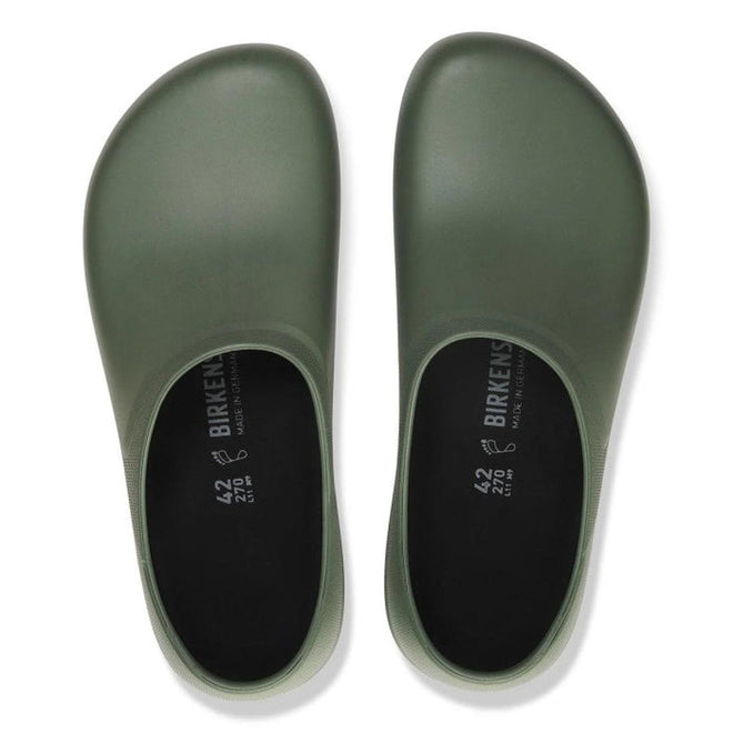 Pair of green clogs with 'Birkenstock' Profi Birki 12.0 Chefs nursing shoes branding on a white background.
4066648850229,
4066648850267,
4066648850304,