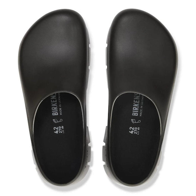 A pair of BIRKENSTOCK Super Birki 2.0 Polyurethane clogs in black, regular width, shown from above with visible logo and size details on the insole. These slip-resistant, closed-toe clogs feature a simple rounded design., 50301, 4061418845184, 4061418845221, 4061418865267, 4061418868336, 4061418845344, 4061418845382, 4061418845429, 4061418845467, 50310