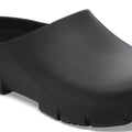A close-up of the BIRKENSTOCK Super Birki 2.0 Polyurethane Black Regular Width, a slip-resistant, lace-free clog with a thick sole and minimalistic design—ideal for kitchens and all-day comfort., 50301, 4061418845184, 4061418845221, 4061418865267, 4061418868336, 4061418845344, 4061418845382, 4061418845429, 4061418845467, 50310