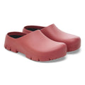 The BIRKENSTOCK Super Birki 2.0 Polyurethane Mars Red Regular Width clogs feature a chunky, slip-on design with thick, grooved soles and closed toes. Waterproof and slip-resistant, they are shown side by side on a white background., 50311, 4061418847867, 4061418847904, 4061418847942, 4061418847980, 50316, 50317, 50318, 50319, 50320