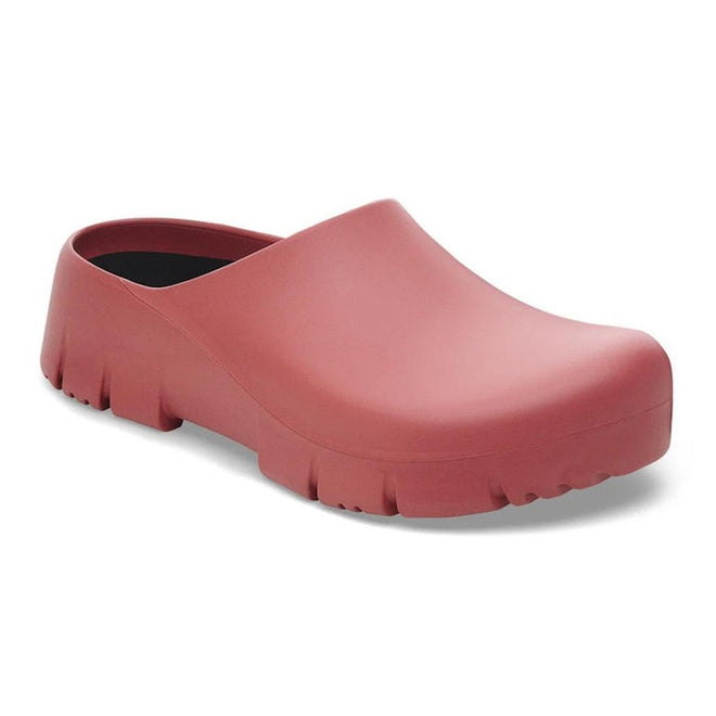 The BIRKENSTOCK Super Birki 2.0 Polyurethane in Mars Red (Regular Width) is shown—a single, solid pink gardening clog with a closed toe, backless heel, and chunky textured sole against a white background., 50311, 4061418847867, 4061418847904, 4061418847942, 4061418847980, 50316, 50317, 50318, 50319, 50320