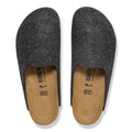 A pair of Birkenstock Amsterdam Felt Wool Clog Anthracite Grey (Regular Width) with tan cork footbeds, shown from above. The sizes and brand name are printed inside the shoes., 52004, 52005, 4067707295241, 4067707295289, 4067707295326, 4067707295364, 4067707295401, 4067707295449, 4067707295487, 52013, 52014