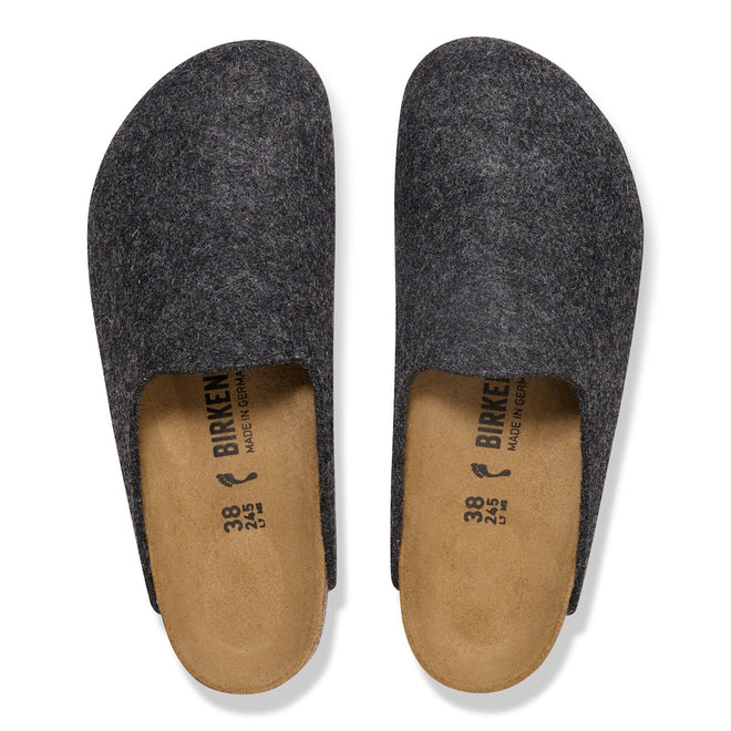 A pair of Birkenstock Amsterdam Felt Wool Clog Anthracite Grey (Regular Width) with tan cork footbeds, shown from above. The sizes and brand name are printed inside the shoes., 52004, 52005, 4067707295241, 4067707295289, 4067707295326, 4067707295364, 4067707295401, 4067707295449, 4067707295487, 52013, 52014