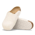 A pair of Birkenstock Amsterdam Felt Wool Glog Eggshell Off White Regular Width clogs, one upright and one on its side to show the textured white sole and cork-latex footbed.