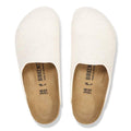 A pair of Birkenstock Amsterdam Felt Wool Clogs in Eggshell Off White (Regular Width) viewed from above, showing the tan cork-latex footbeds, size markings, and “Birkenstock” logo on the insoles., 51708, 51709, 4067707298440, 4067707298488, 4067707298525, 4067707298563, 51714, 51715, 51716, 51717, 51718