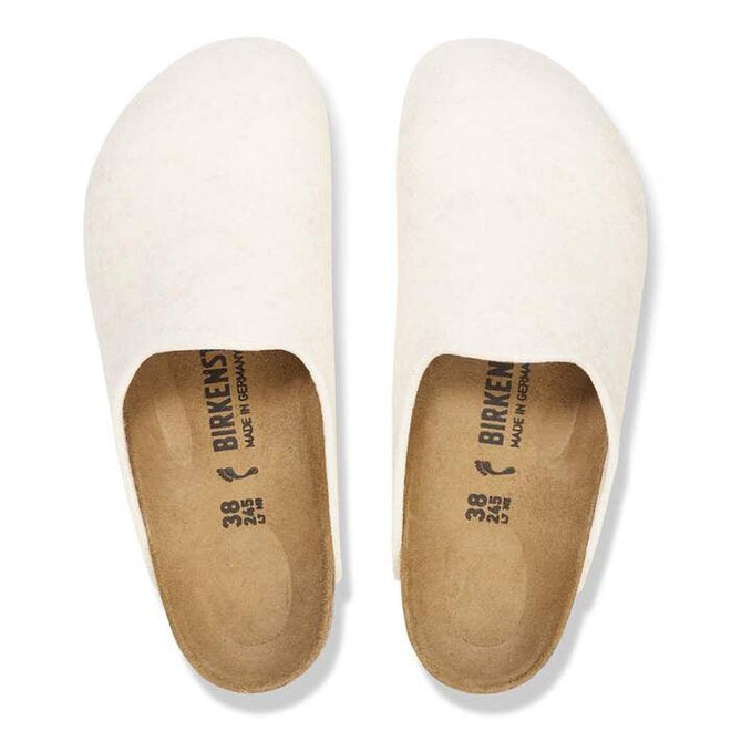 A pair of Birkenstock Amsterdam Felt Wool Clogs in Eggshell Off White (Regular Width) viewed from above, showing the tan cork-latex footbeds, size markings, and “Birkenstock” logo on the insoles., 51708, 51709, 4067707298440, 4067707298488, 4067707298525, 4067707298563, 51714, 51715, 51716, 51717, 51718