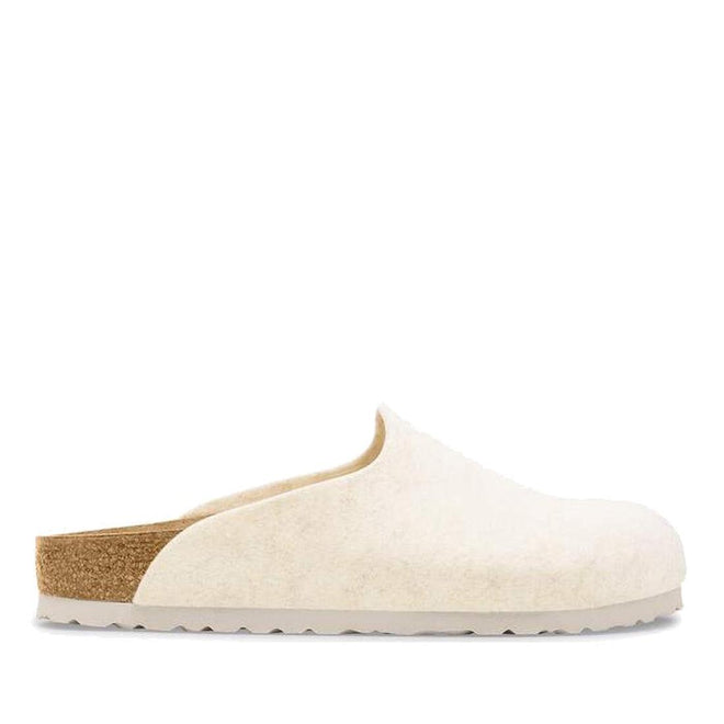 The Birkenstock Amsterdam Felt Wool Glog in Eggshell Off White (Regular Width) features a closed toe, cork-latex footbed, and flat white sole, displayed in profile against a plain white background., 51708, 51709, 4067707298440, 4067707298488, 4067707298525, 4067707298563, 51714, 51715, 51716, 51717, 51718