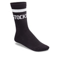 The BIRKENSTOCK Crew Tennis Striped Socks Black feature two white stripes and partial 'STOCK' text on the cuff, shown on a white background, and provide an ultra-soft comfort sole.