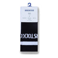 A pack of BIRKENSTOCK Crew Cotton Tennis Striped Socks (2 pairs, Black/White) made from soft cotton, packaged with a white size label and blue hook. Features part of the iconic Birkenstock logo in white text., 4067707500369, 4067707500376, 4067707500383