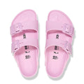 A pair of Birkenstock Kids EVA Fondant Pink Arizona Sandal Narrow Width, featuring two adjustable buckle straps, is shown from above on a white background., 49123, 49124, 4066648102342, 4066648102380, 4066648102427, 4066648102465, 4066648102502, 4066648102540