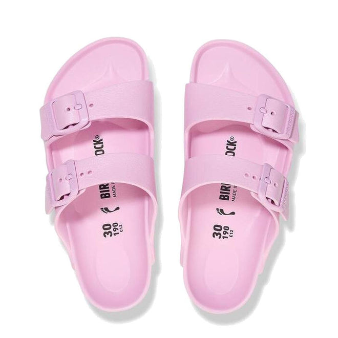 A pair of Birkenstock Kids EVA Fondant Pink Arizona Sandal Narrow Width, featuring two adjustable buckle straps, is shown from above on a white background., 49123, 49124, 4066648102342, 4066648102380, 4066648102427, 4066648102465, 4066648102502, 4066648102540