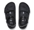 The Birkenstock Mogami Terra Kids Black Birko Flor Sandal features two adjustable buckle straps over the top and one around the heel. Shown from above on a white background, these sandals are water-friendly and perfect for kids., 47674, 47675, 47676, 47677, 47678, 47679, 47680, 4066648108948