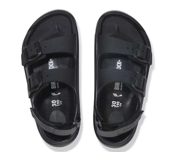 The Birkenstock Mogami Terra Kids Black Birko Flor Sandal features two adjustable buckle straps over the top and one around the heel. Shown from above on a white background, these sandals are water-friendly and perfect for kids., 47674, 47675, 47676, 47677, 47678, 47679, 47680, 4066648108948